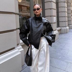 Zara Black Faux Leather Bomber Jacket